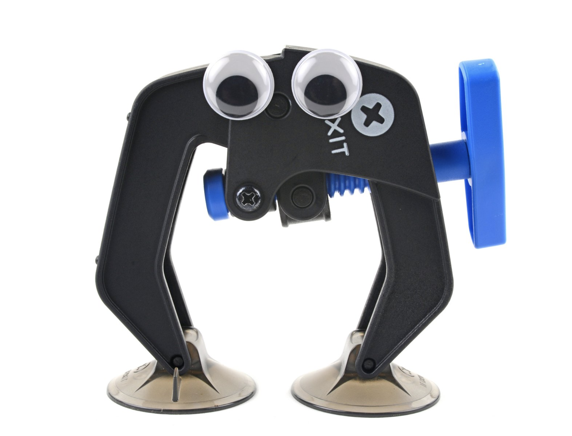 An anti-clamp in a silly pose with googly eyes