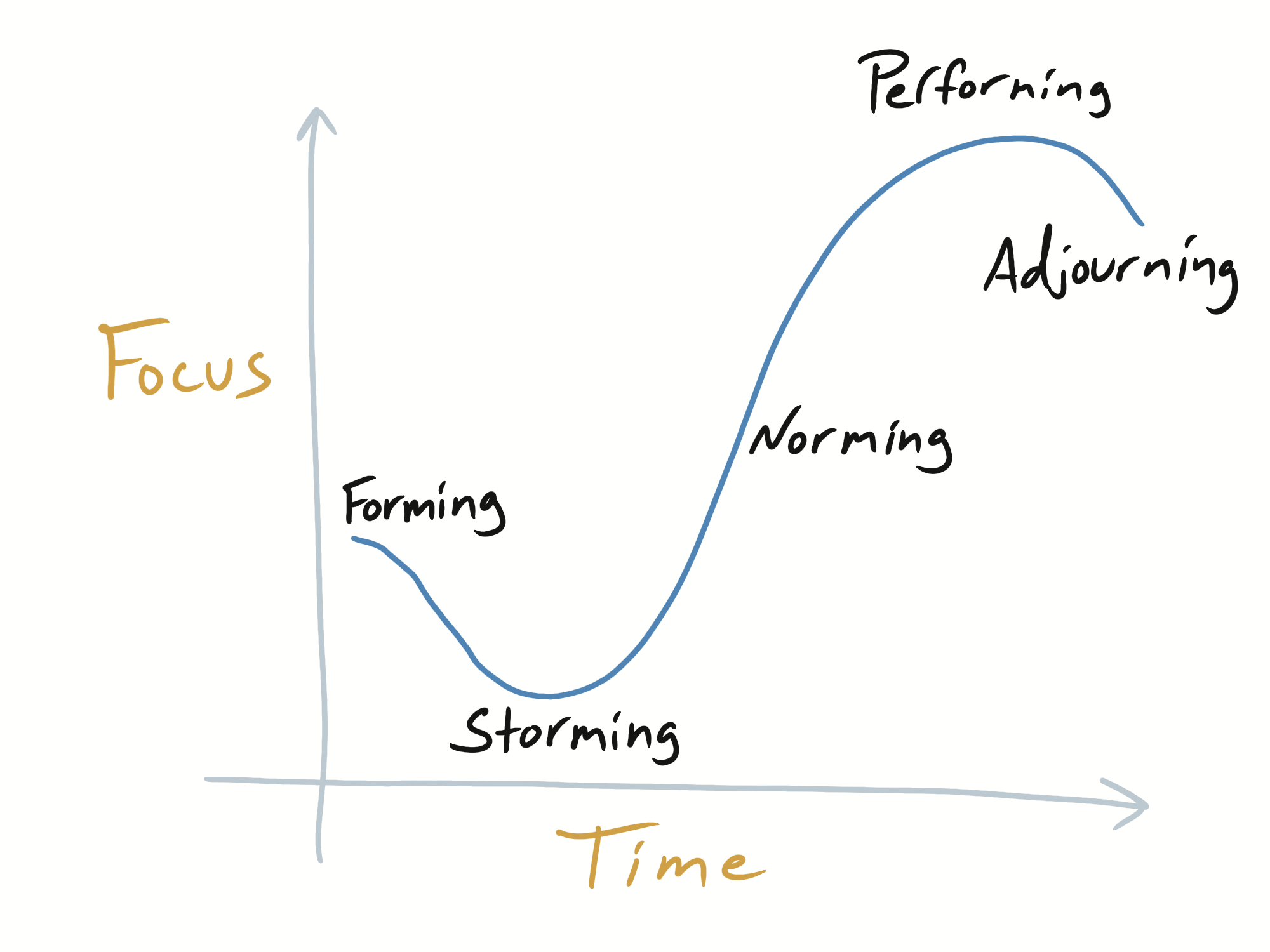 Line graph showing that, over time, focus begins low in the forming stage, then drops in the storming stage. It rises throguh the norming stage, peaks in the performing stage, and drops for the adjourning stage.